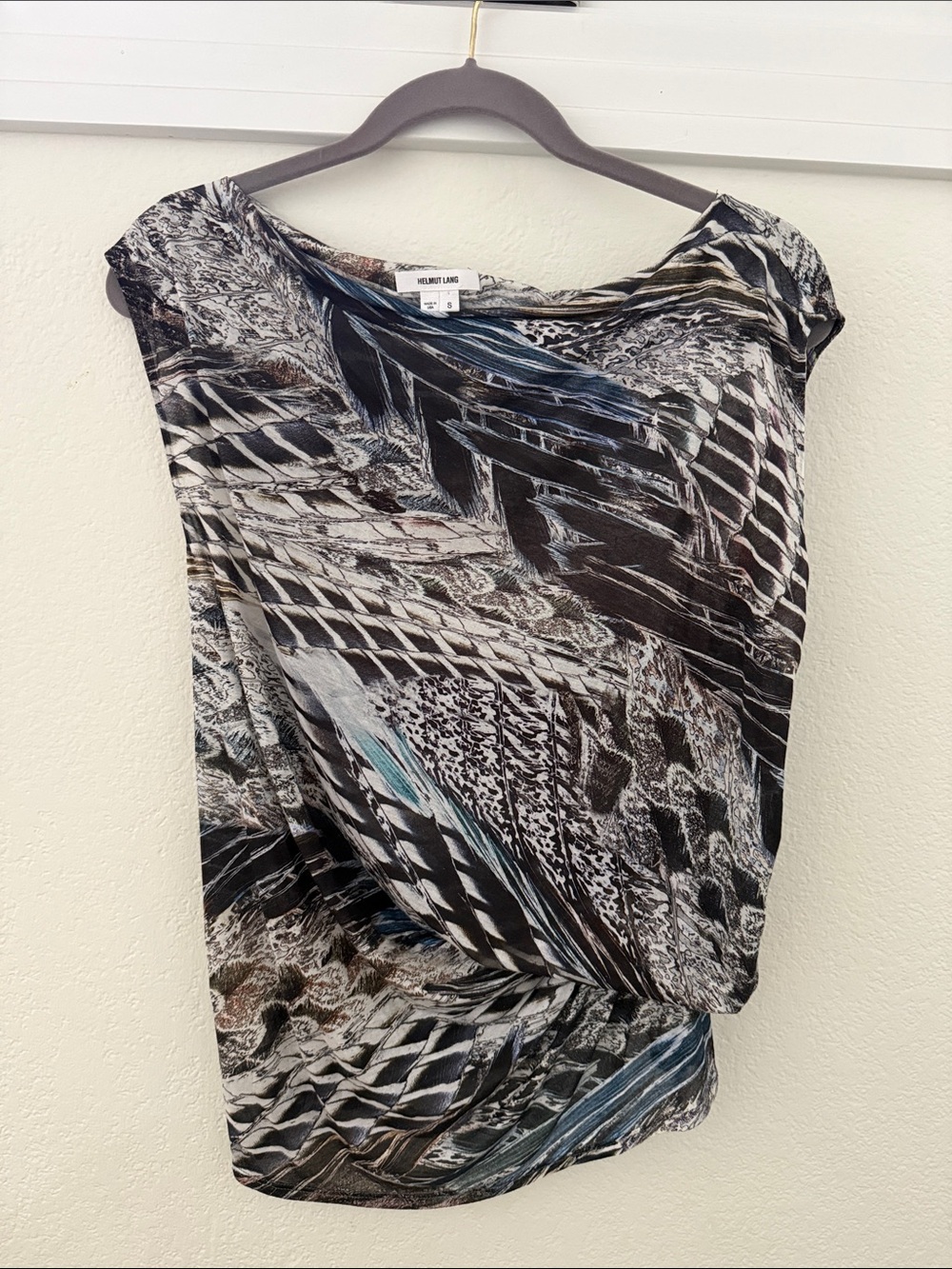 Helmut Lang Black, Gray & Blue Abstract Printed Cap-Sleeve Tunic